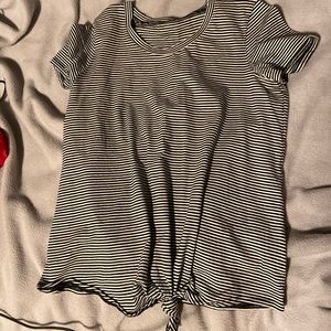 striped black and white tee with knot in front